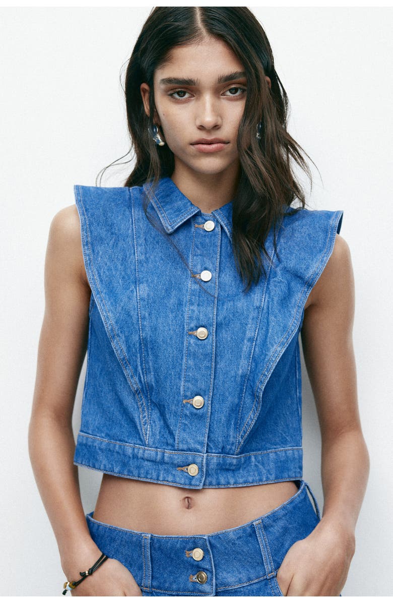 H&M Flounce-trimmed Denim Waistcoat, Alternate, color, Denim Blue