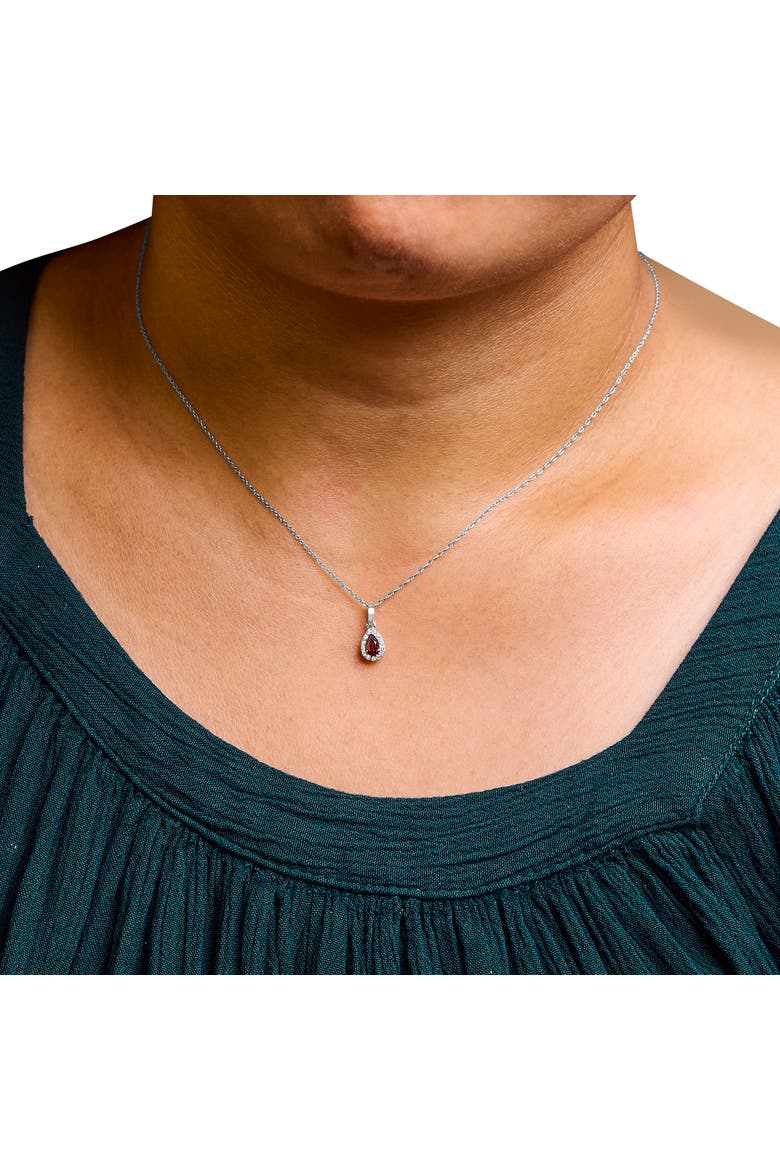 10K White Gold 5x3mm Gemstone and Diamond Accent Halo Pear Shape 18" Pendant Necklace, Alternate, color, Red Garnet | White