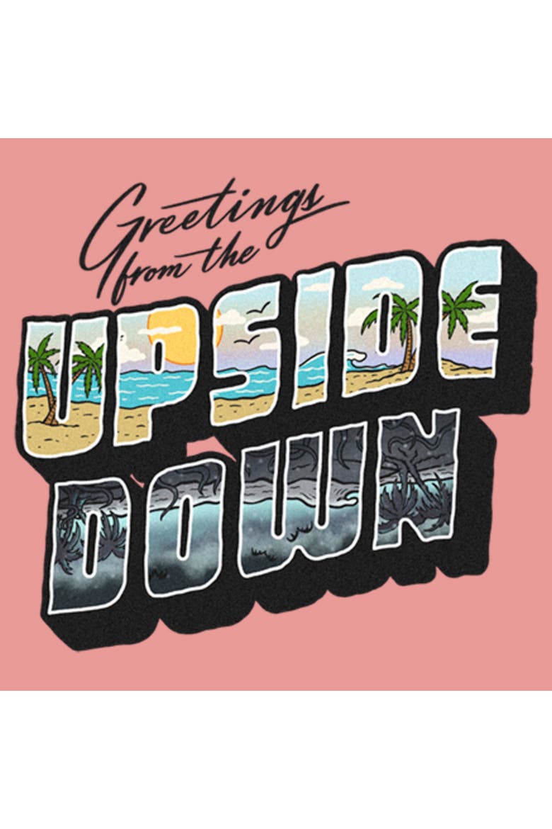 Junior's Stranger Things Tropical Upside Down Greetings  Sweatshirt, Alternate, color, Desert Pink