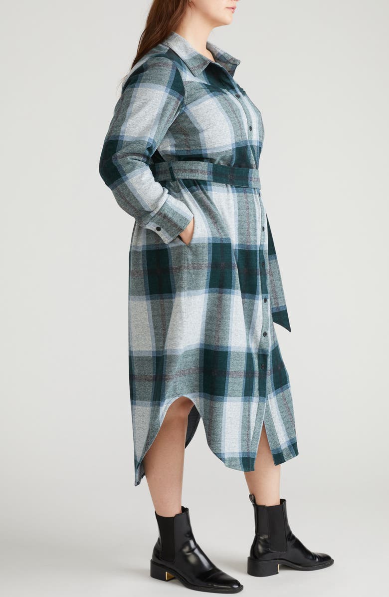 Universal Standard Morgan Long Sleeve Stretch Flannel Midi Shirtdress, Alternate, color, Mate Green Plaid