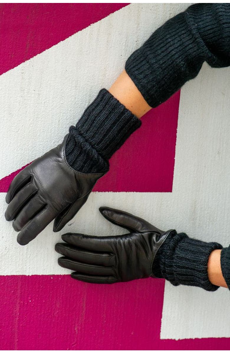 Agnelle Cecilia Leather Gloves with Knitted Cuff, Alternate, color, Noir