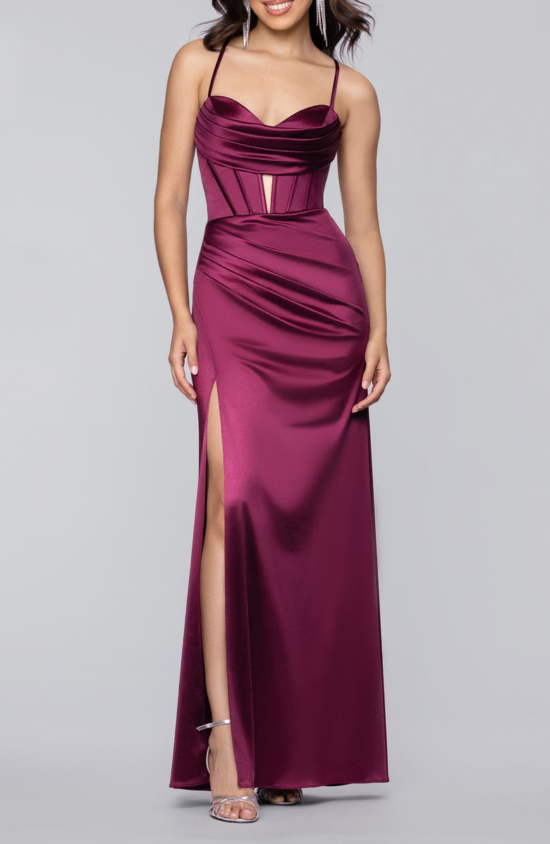 Blondie Nites Drape Corset Gown, Main, color, Burgundy