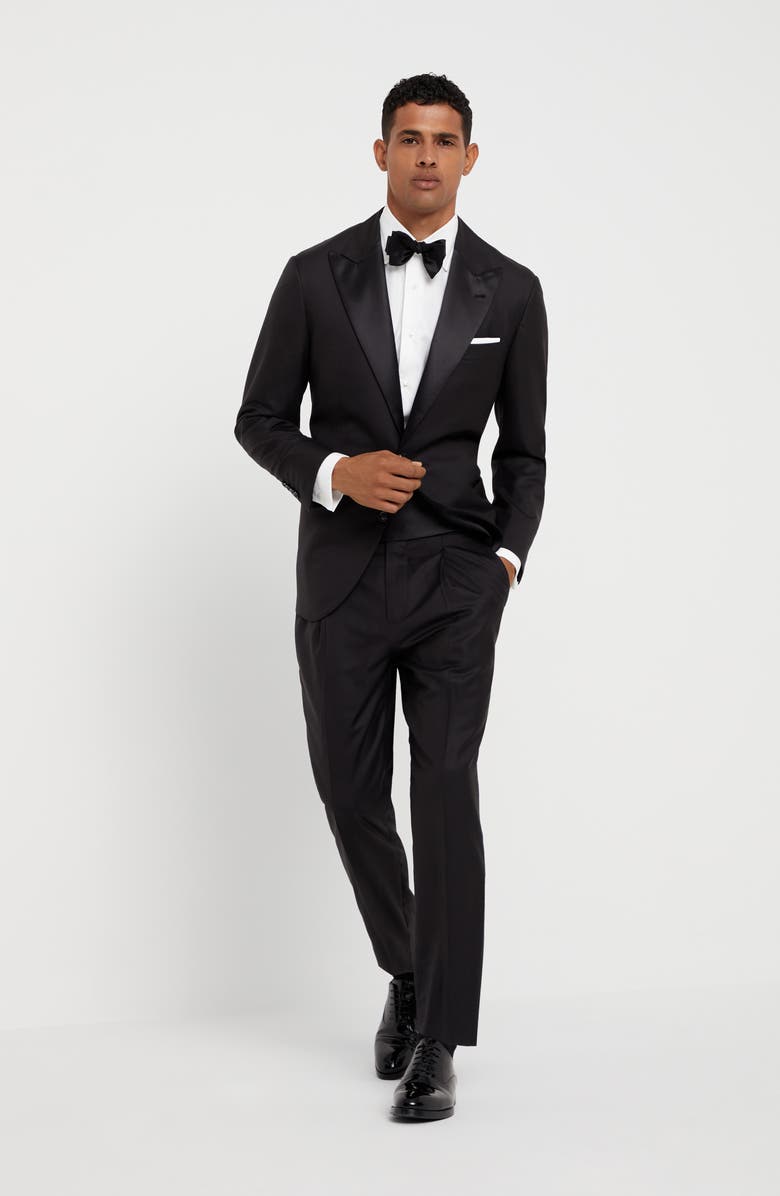 Brunello Cucinelli Lightweight virgin wool and silk twill tuxedo with peak lapel jacket and pleated trousers, Alternate, color, 