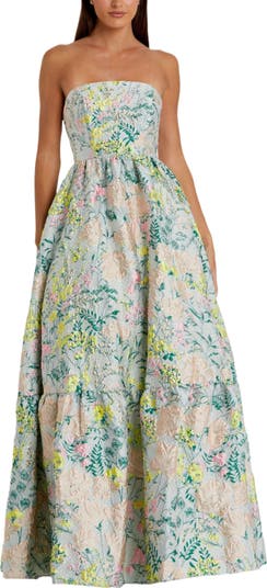 Floral Brocade Strapless A Line Gown