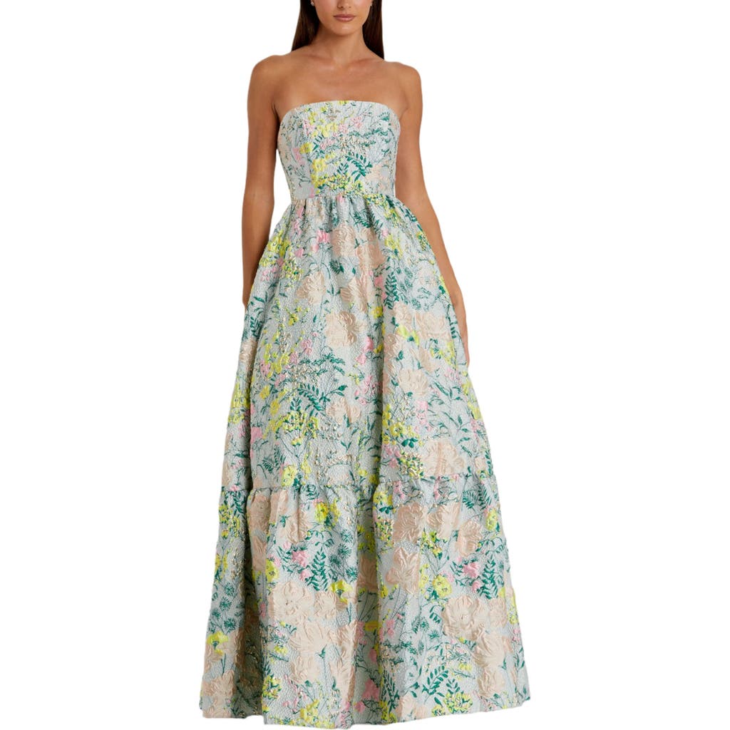 Mac Duggal Floral Brocade Strapless A Line Gown In Pastel Multi