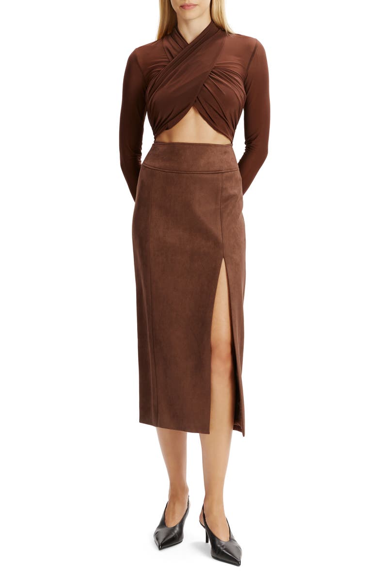Bardot Dante Faux Suede Midi Skirt, Alternate, color, Chocolate