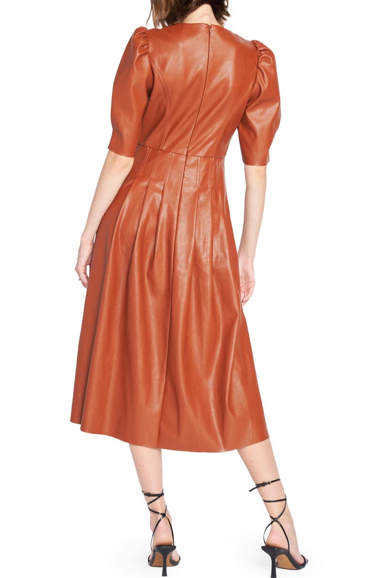 Faux Leather Puff Sleeve Midi Dress, Alternate, color, BROWN