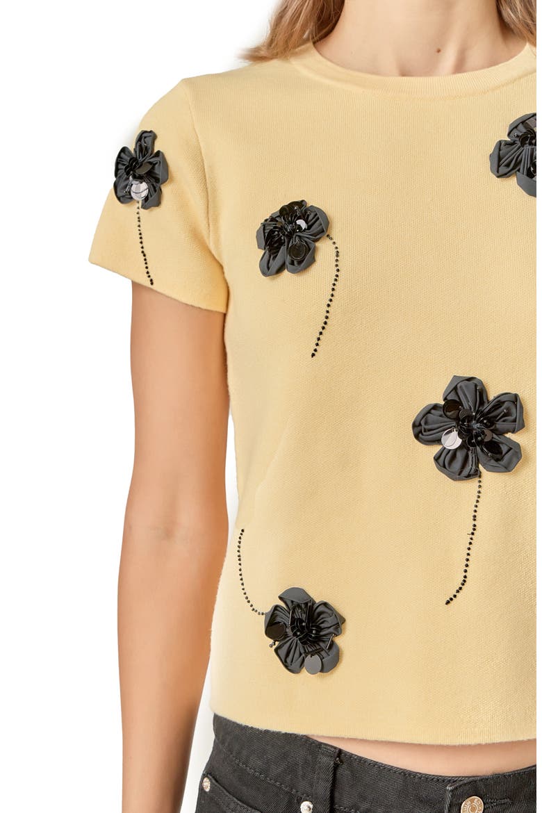 Floral Ebellished Short Sleeve Knit Top, Alternate, color, BUTTER YELLOW/ BLACK