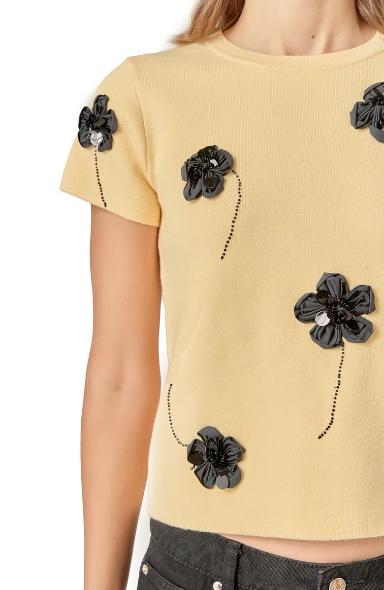 English Factory Floral Ebellished Short Sleeve Knit Top, Alternate, color, Butter Yellow/ Black