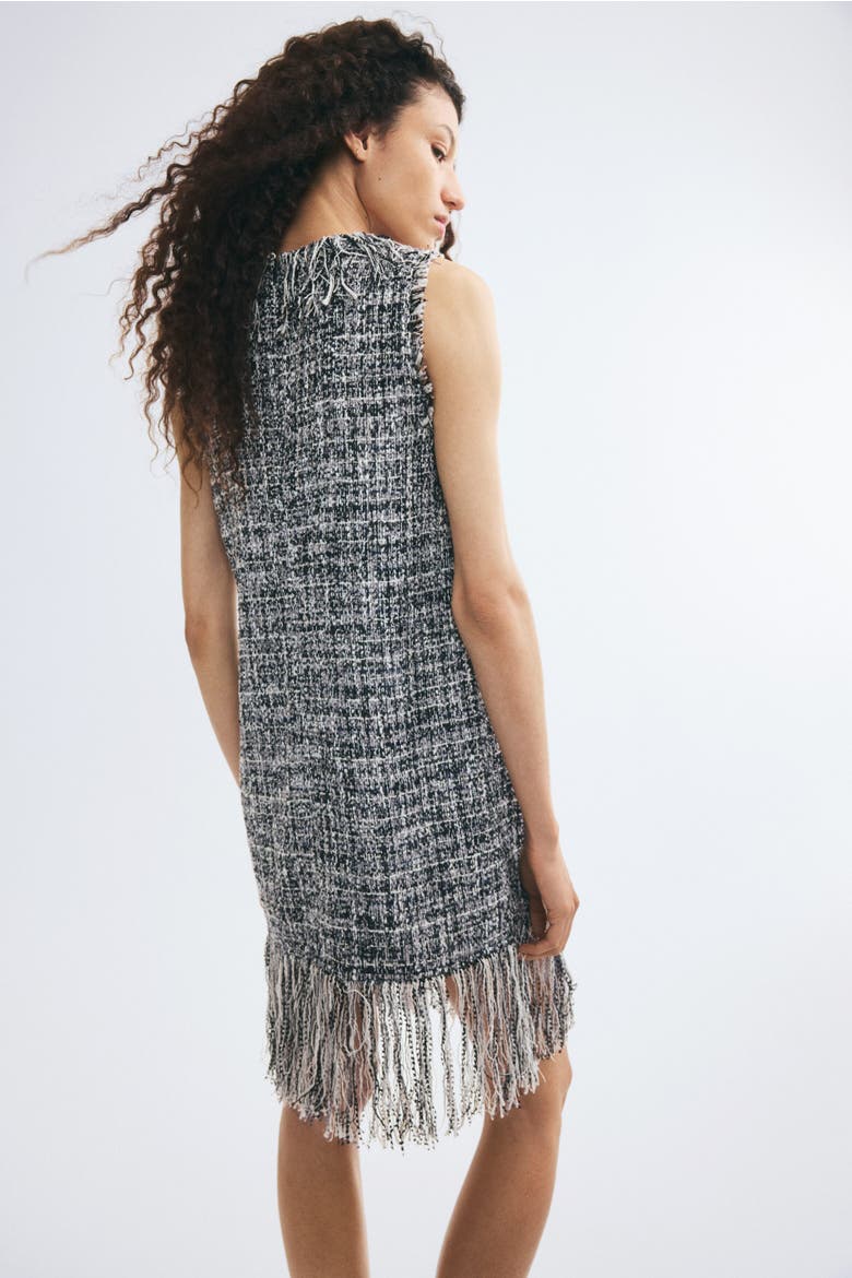 Fringed Bouclé-Weave Dress, Alternate, color, Black/white melange