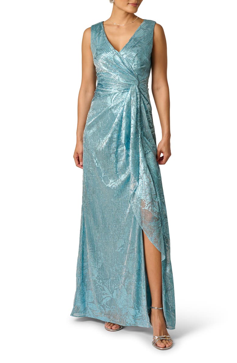 Adrianna Papell Metallic Crinkle Sleeveless Mesh Gown, Main, color, 