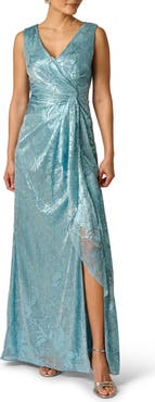 Adrianna Papell Metallic Crinkle Sleeveless Mesh Gown