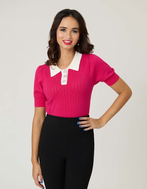 Unique Vintage Collared Short Sleeve Prim & Pretty Sweater In Pink