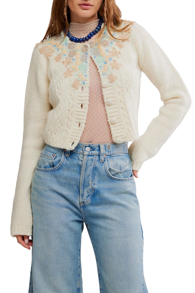Pixie Beaded Floral Cardigan, Main, color, IVORY