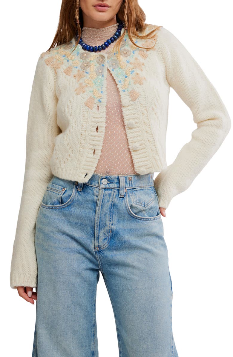 Free People Pixie Beaded Floral Cardigan, Main, color, Ivory