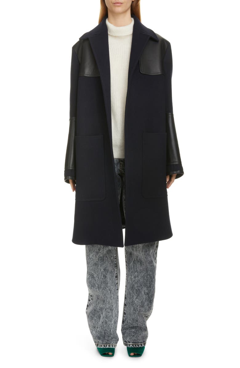 Victoria Beckham Leather Detail Merino Wool Blend Wrap Coat, Alternate, color,