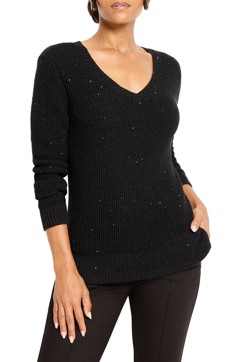 Shimmer V-Neck Waffle Stitch Sweater, Main, color, BLACK ONYX