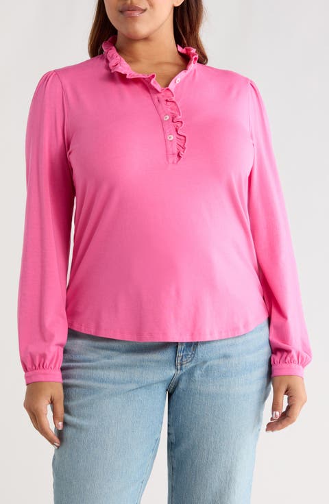 Ruffle Detail Long Sleeve Henley (Plus)