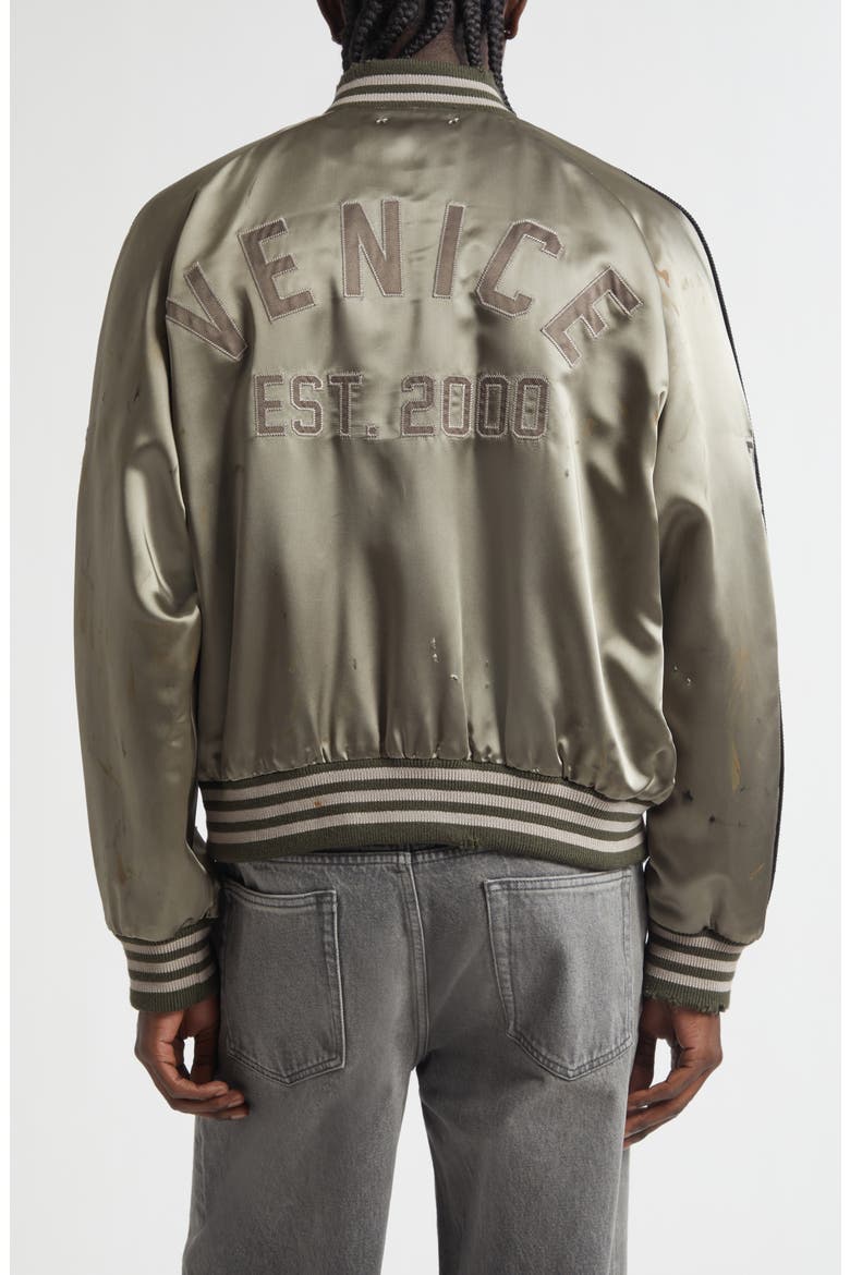 Gender Inclusive Journey Distressed Satin Bomber Jacket, Alternate, color, FOREST