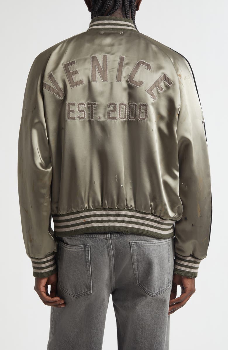 Golden Goose Gender Inclusive Journey Distressed Satin Bomber Jacket, Alternate, color, Forest