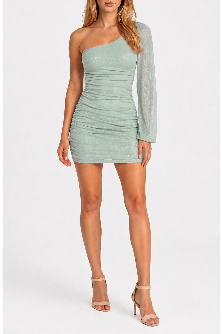 Single Sleeve Ruched Glitter Mesh Minidress, Main, color, SAGE