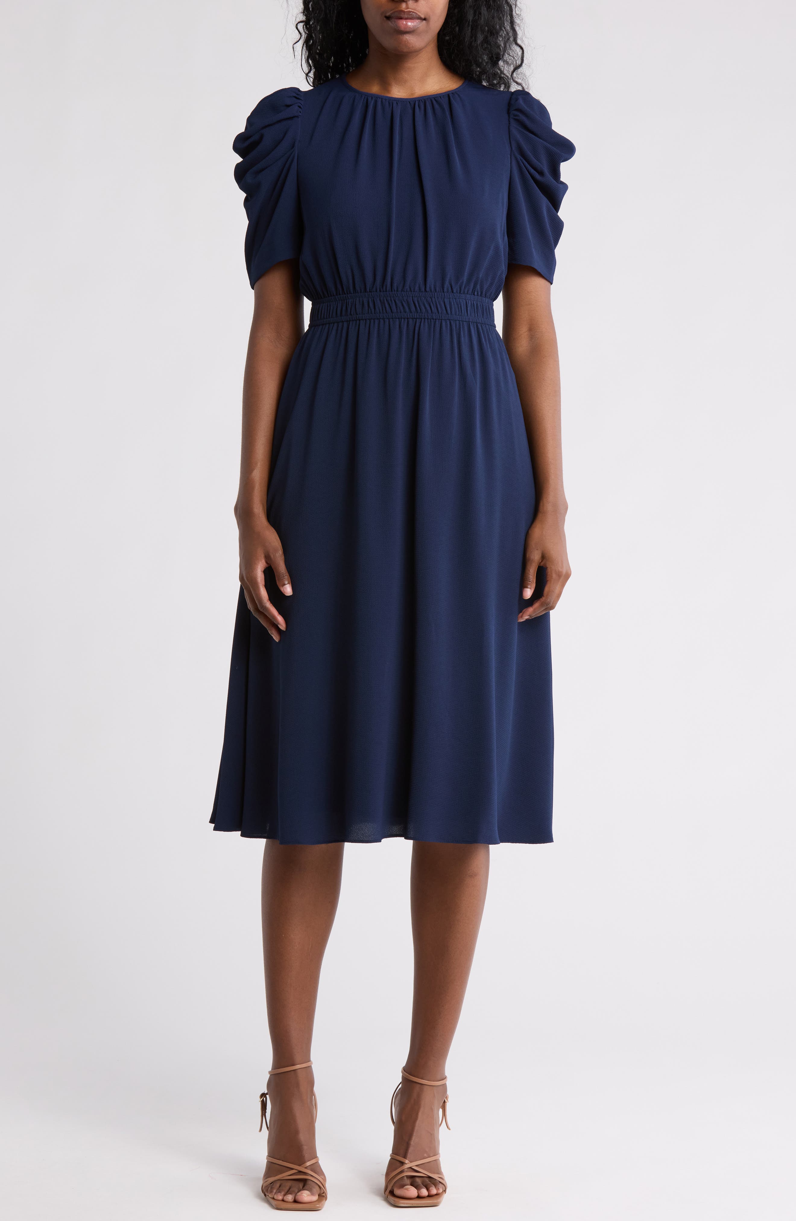 London Times Ruched Bubble Sleeve Midi Dress