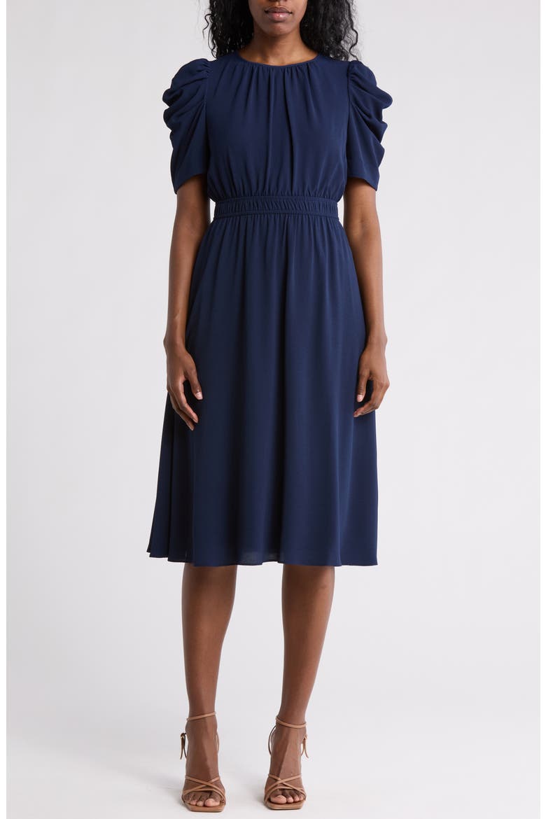 Ruched Bubble Sleeve Midi Dress, Main, color, NAVY