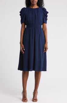 London Times Ruched Bubble Sleeve Midi Dress