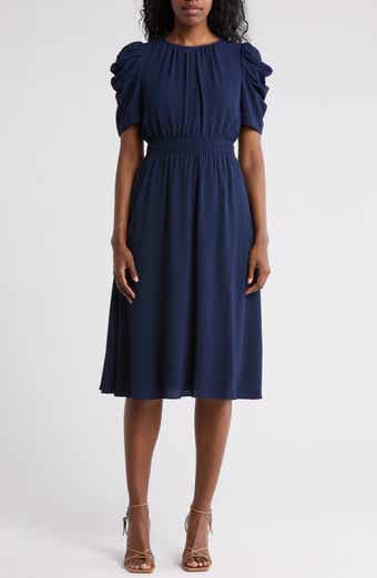 London Times Ruched Bubble Sleeve Midi Dress