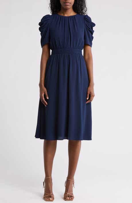 Ruched Bubble Sleeve Midi Dress
