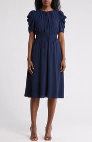 London Times Ruched Bubble Sleeve Midi Dress