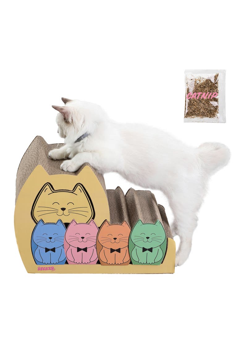 Kazoku Modern Cardboard 5-in-1 Family Cat Cave Scratcher with Catnip and Pull-Out Design, Main, color, Multi