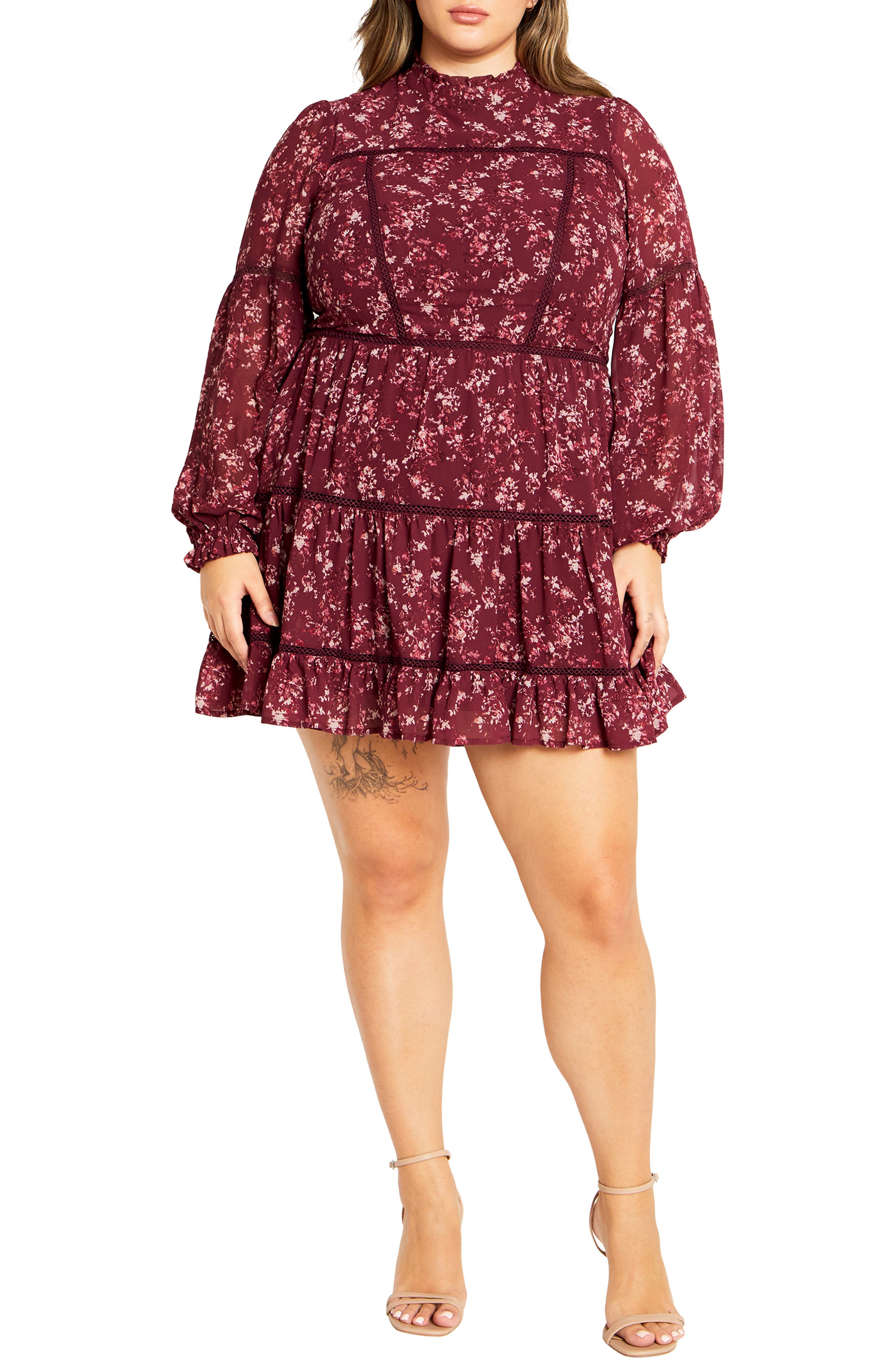 City Chic Elise Floral Long Sleeve Tiered Minidress
