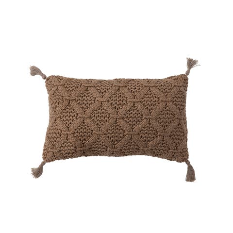 Cotton Slub Lumbar Pillow with Diamond Weave and Tassels