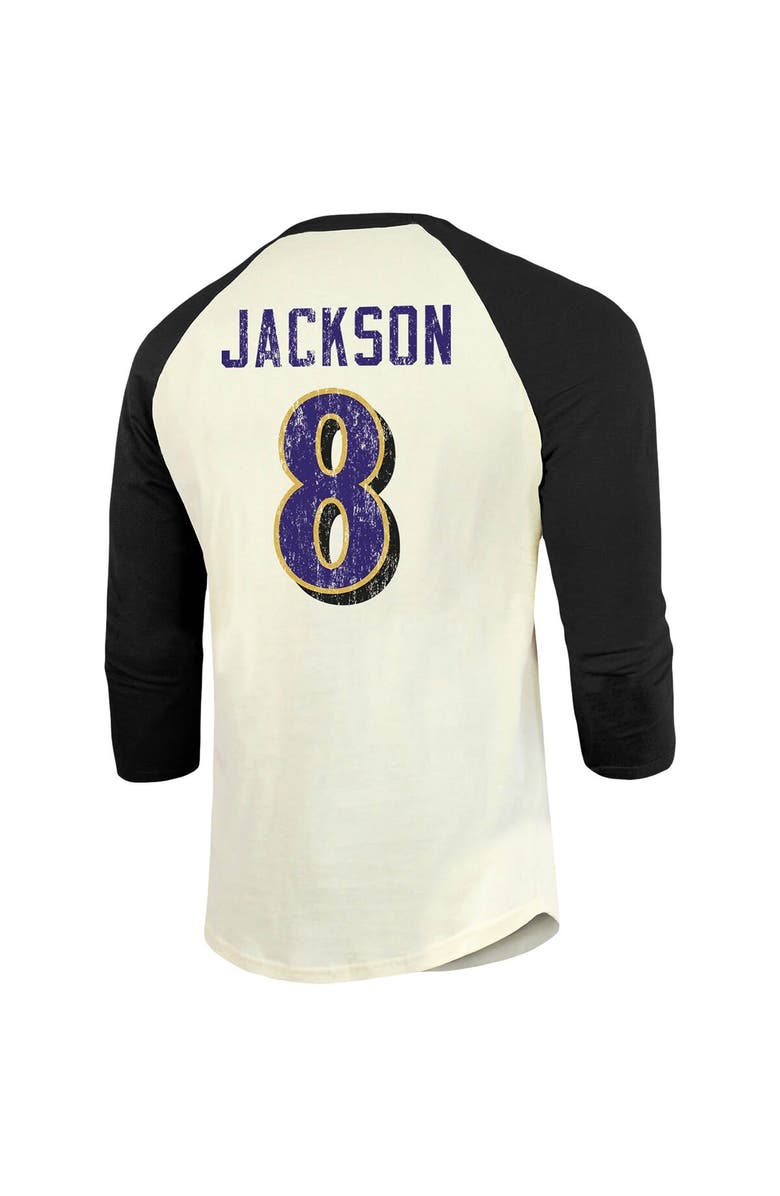 Majestic Threads Men's Majestic Threads Lamar Jackson Cream/Black Baltimore Ravens Vintage Player Name & Number 3/4-Sleeve Fitted T-Shirt, Alternate, color, 