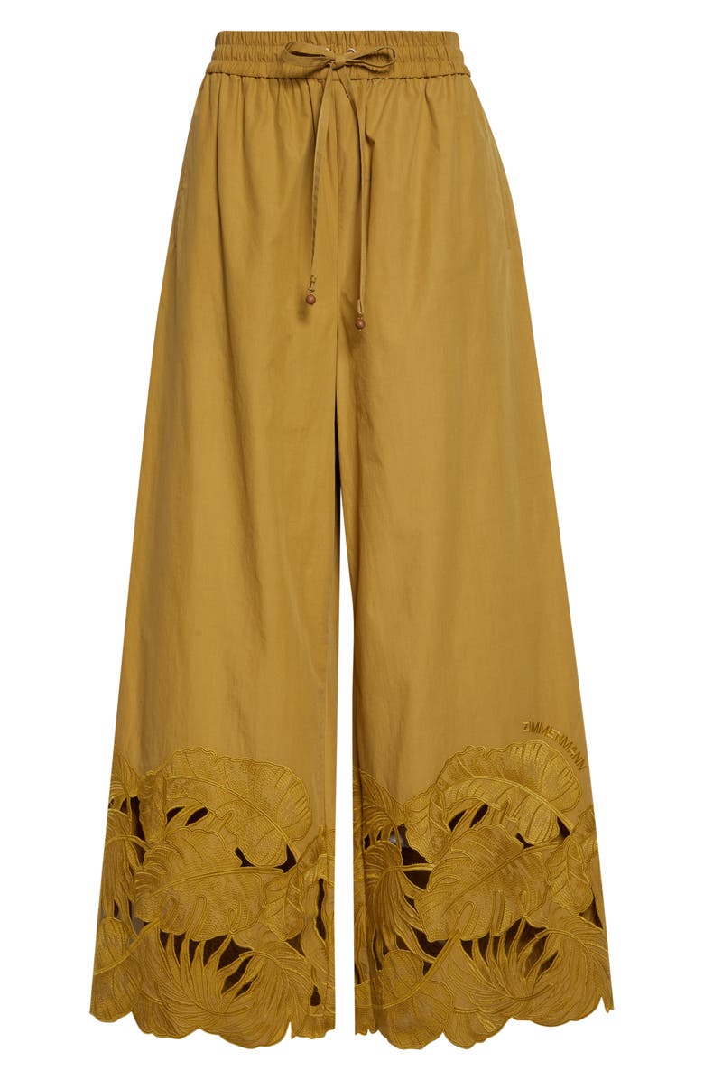 Zimmermann Mahon Embroidered Cutwork Cotton Wide Leg Ankle Pants, Alternate, color, Moss