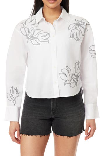 Scotch & Soda Floral Embroidered Crop Button-up Shirt In White
