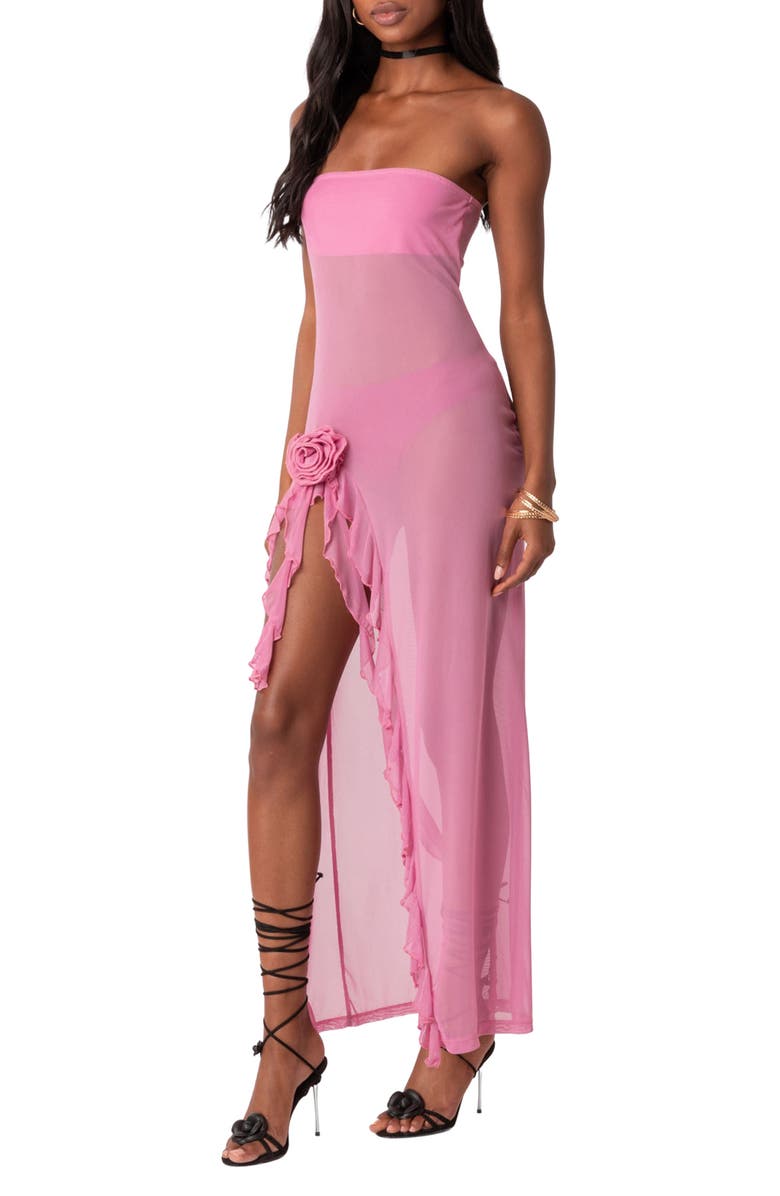 EDIKTED Suri Flower Strapless Mesh Maxi Dress, Alternate, color,