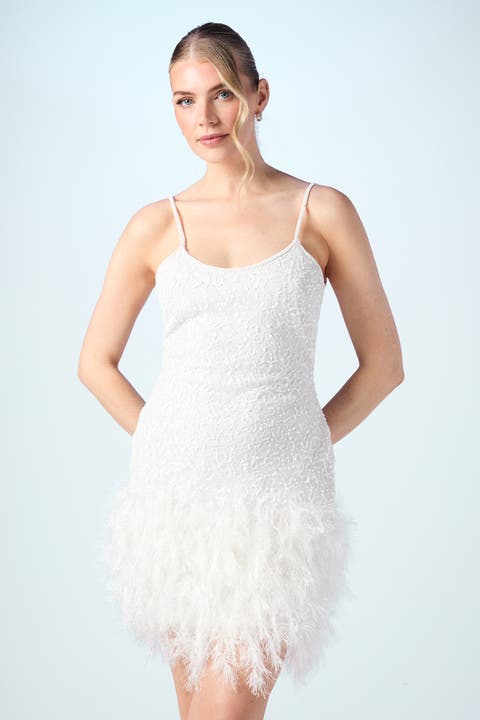 Embellished Feather Bridal Mini Dress