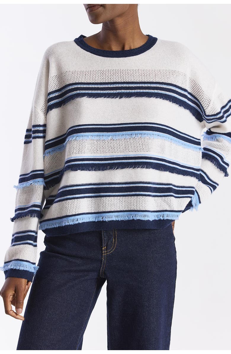 Brodie Pure Cashmere Funky Stripe 100% Cashmere Sweater, Alternate, color, Organic White/Splash, Navy