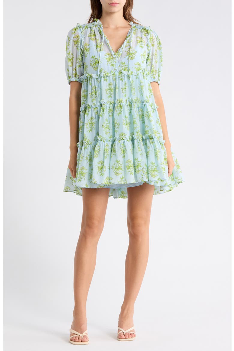 Papyrus Floral Madara Short Sleeve Minidress, Main, color, WHISPERING SKY MULTI