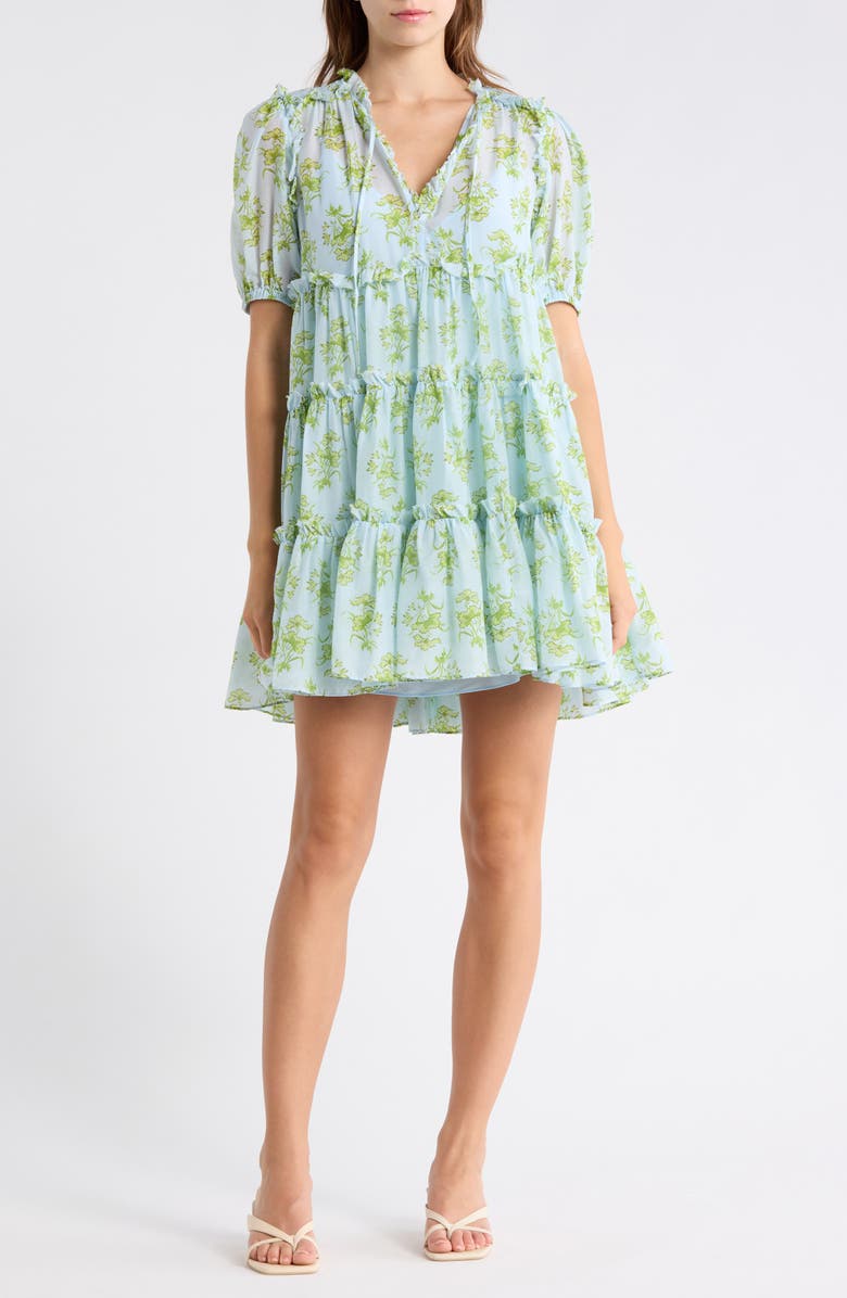 Cinq à Sept Papyrus Floral Madara Short Sleeve Minidress, Main, color, Whispering Sky Multi