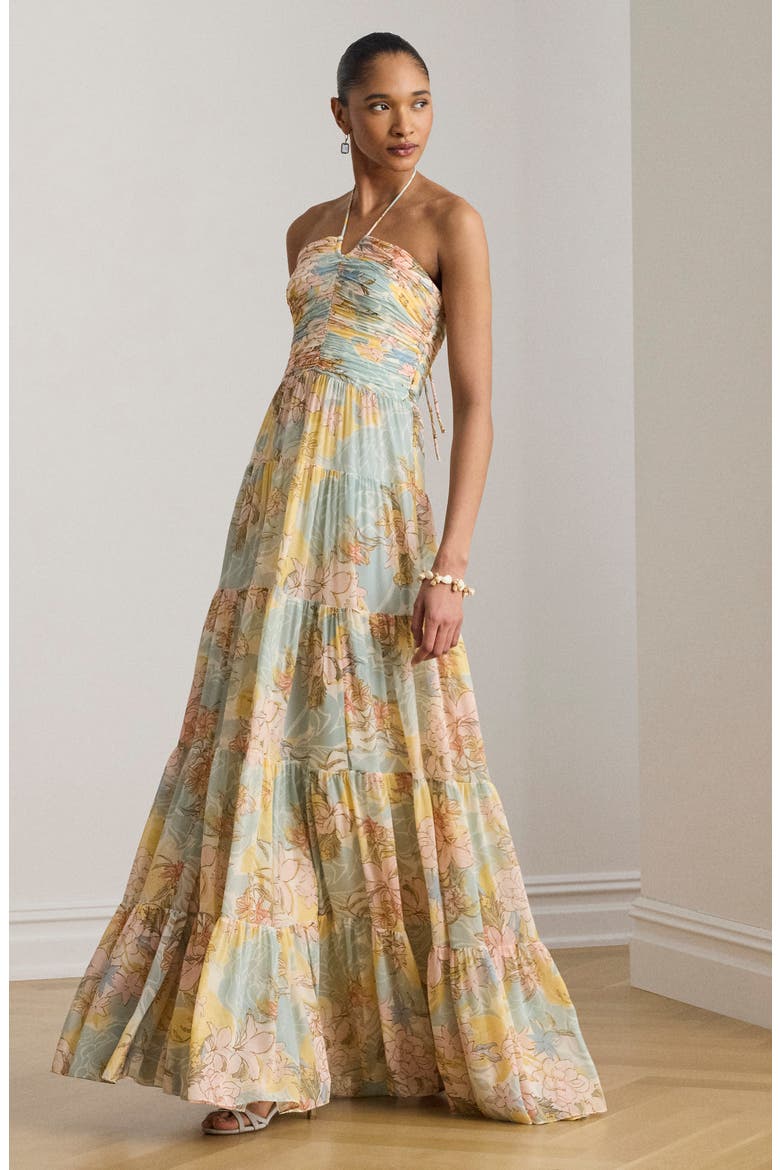 Floral Print Halter Maxi Dress, Alternate, color, CREAM/ BLUE/ MULTI