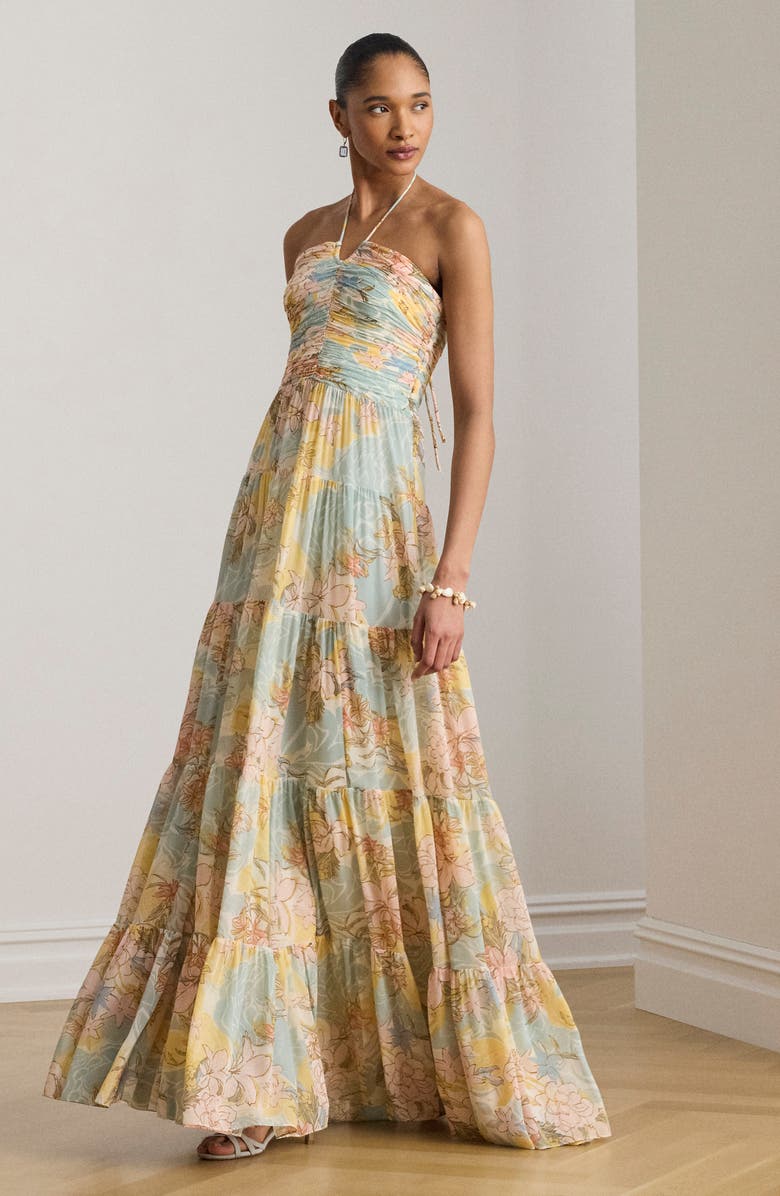 Lauren Ralph Lauren Floral Print Halter Maxi Dress, Alternate, color, Cream/ Blue/ Multi