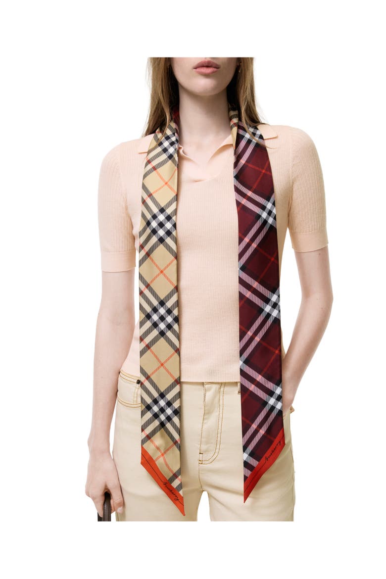 Skinny Contrast Check Silk Scarf, Alternate, color, Sand beige/oxblood red