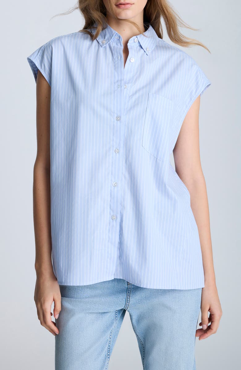 Kenneth Cole Oversize Stripe Cap Sleeve Button-Down Shirt, Main, color, Shadow Blue/ Pure White