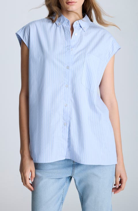 Oversize Stripe Cap Sleeve Button-Down Shirt