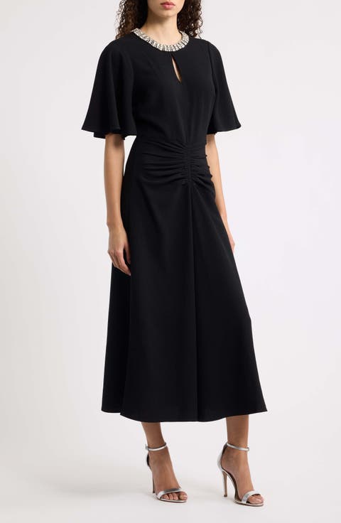Noemie Rhinestone Detail Keyhole Neck Cocktail Midi Dress
