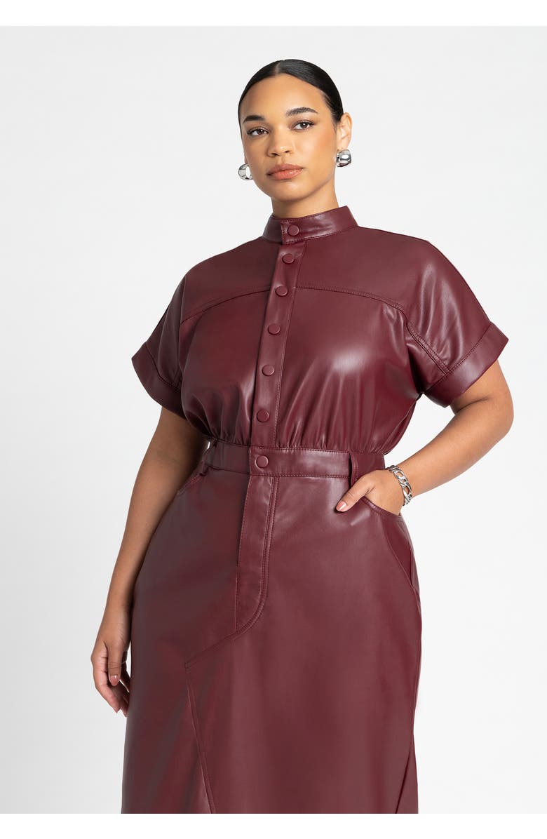 ELOQUII Faux Leather Midi Dress, Alternate, color, Tawny Port