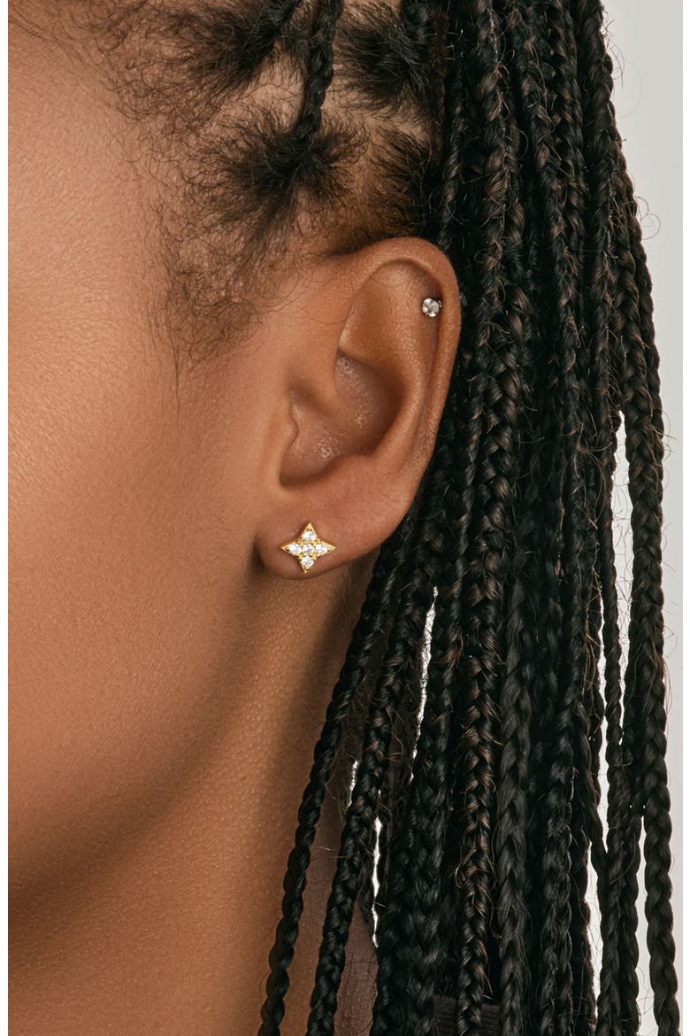 14K Gold Plated Sterling Silver & CZ Dainty Four Pointed Star Stud Earrings, Alternate, color, GOLD